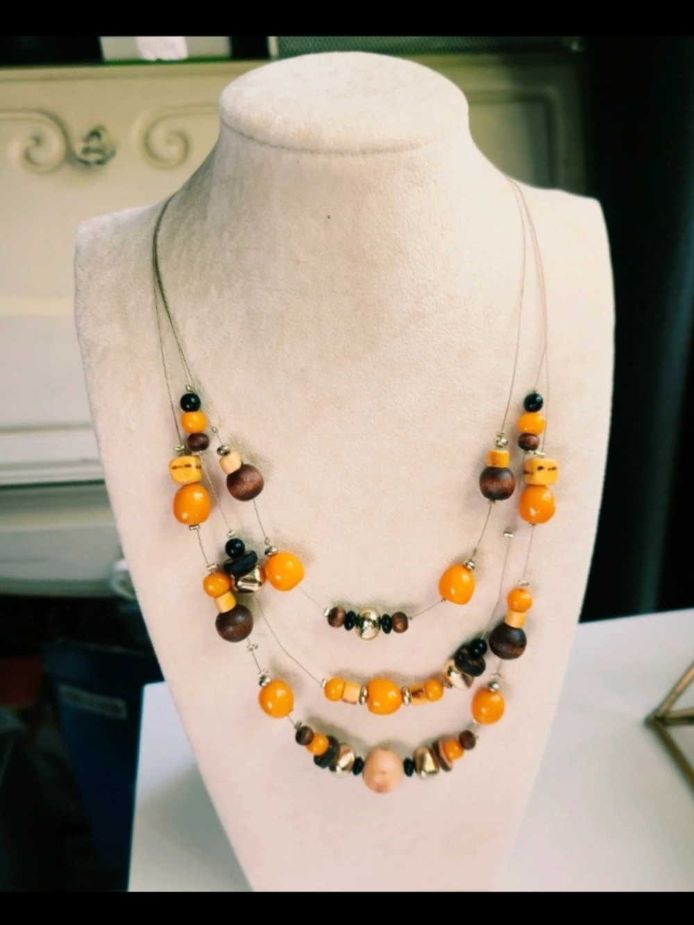 Chicos Orange and Brown Multi-Strand Beaded Necklace